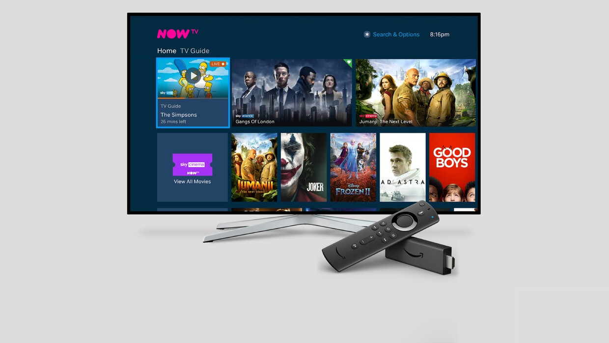 Now TV movie covers on black TV screen and Fire TV stick