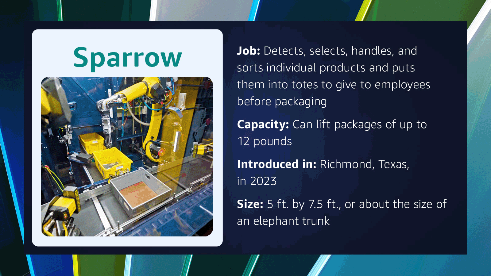 Infographics of Amazon robots and statistics about the robot's job function, origin and size.
