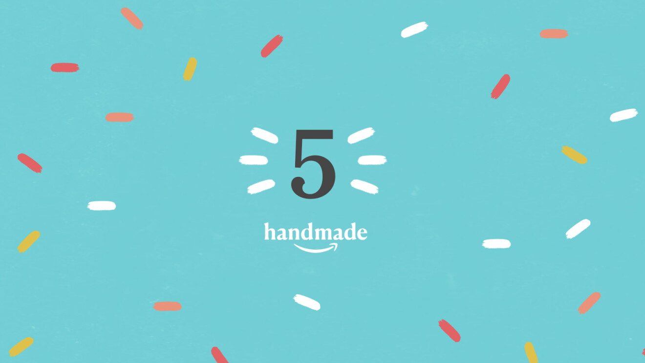 illustration with aqua background, showing "5" "Handmade" logo, and the Amazon smile, surrounded by multicolored sprinkles. 