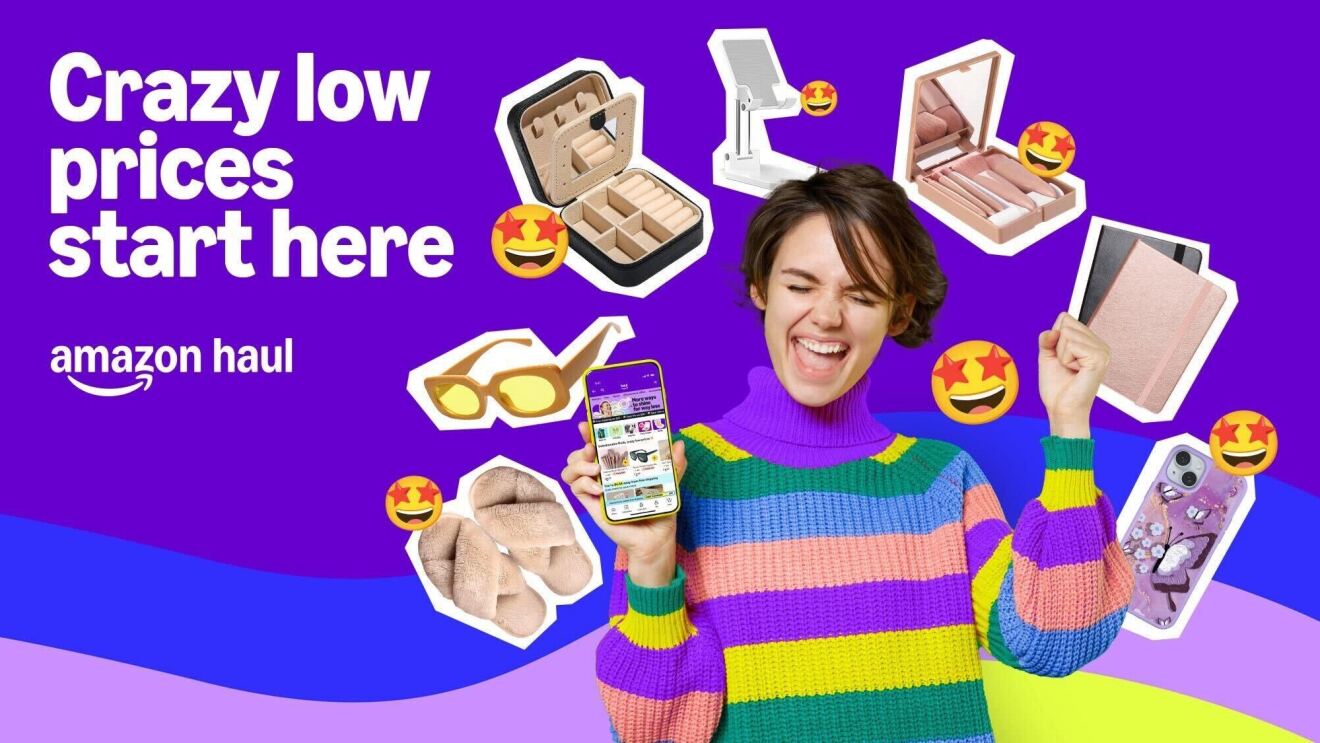 Colorful Amazon Haul ad with excited shopper and product icons