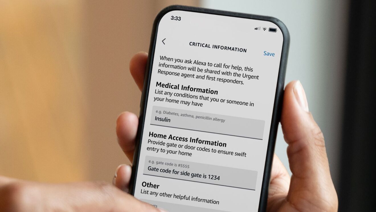 Alexa emergency call setup screen with medical and home access details