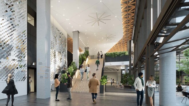 位于弗吉尼亚州阿灵顿的亚马逊第二总部大都会公园的效果图。