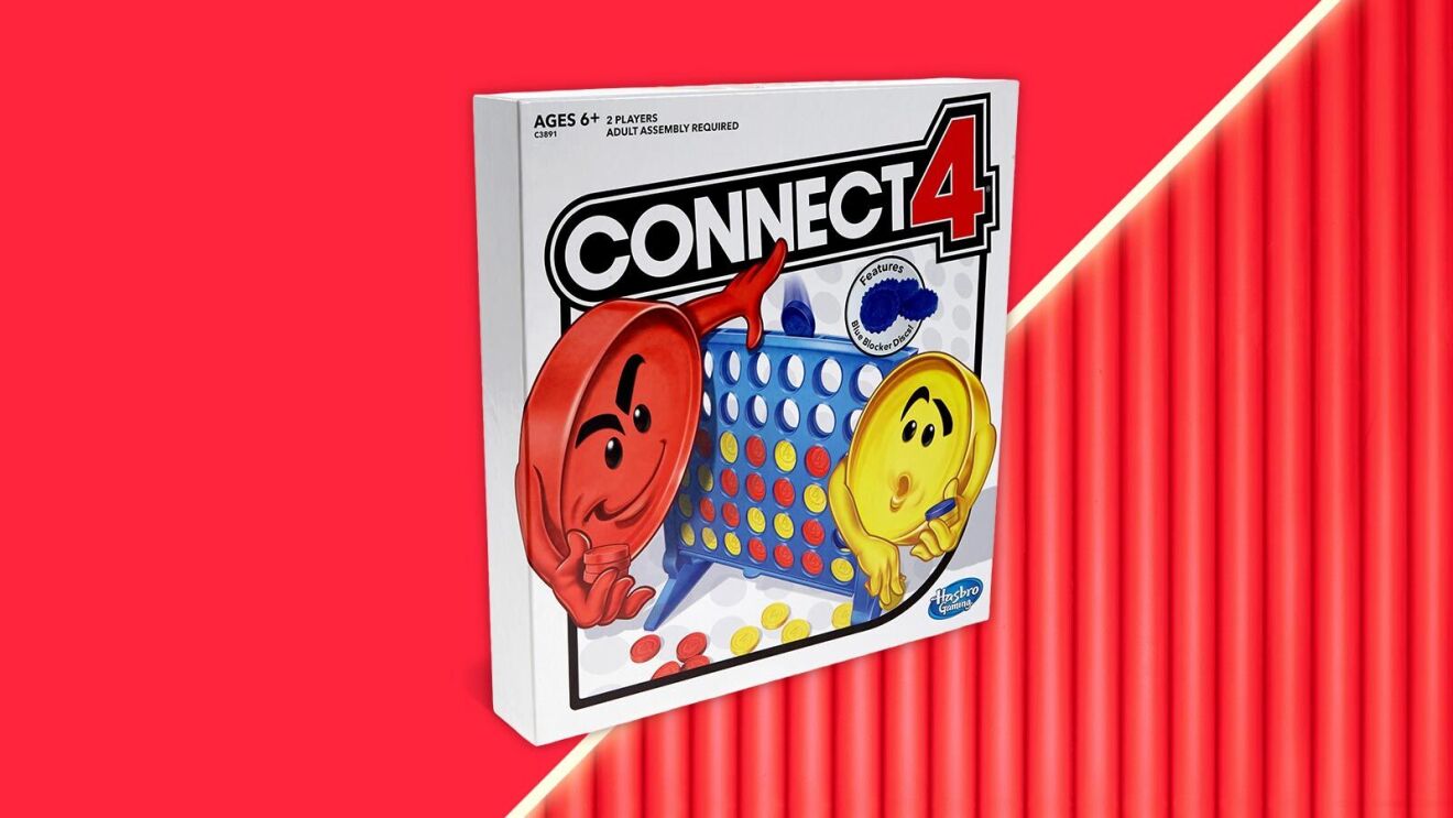 Hasbro's Connect 4 board game box featuring cartoon game pieces on red background