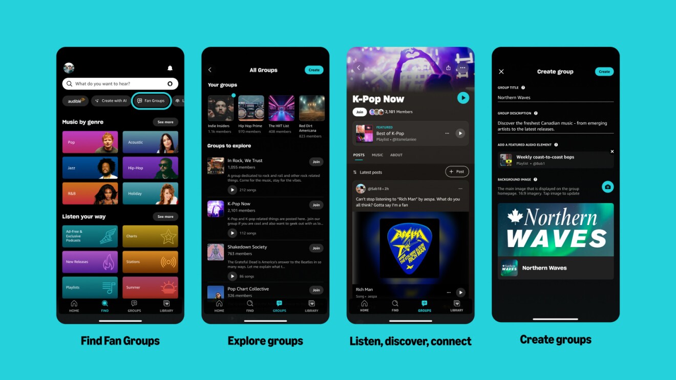 Amazon Music app interface showcasing new fan group features