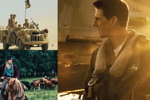 A split image of several images from films. One is Tom Cruise in pilot's gear looking off into the distance in a scene from Top Gun: Maverick. Another is a military Jeep driving in a sandy landscape with several soldiers riding along and a flag flying from the top. Another is a cowboy riding a horse through a green area with a herd of cattle behind him.