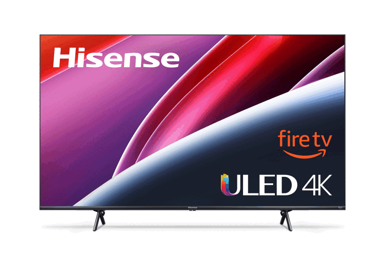 An image of a TV screen. On the screen you see a colorful background as well as logos for Fire TV, ULED 4K, and Hisense.