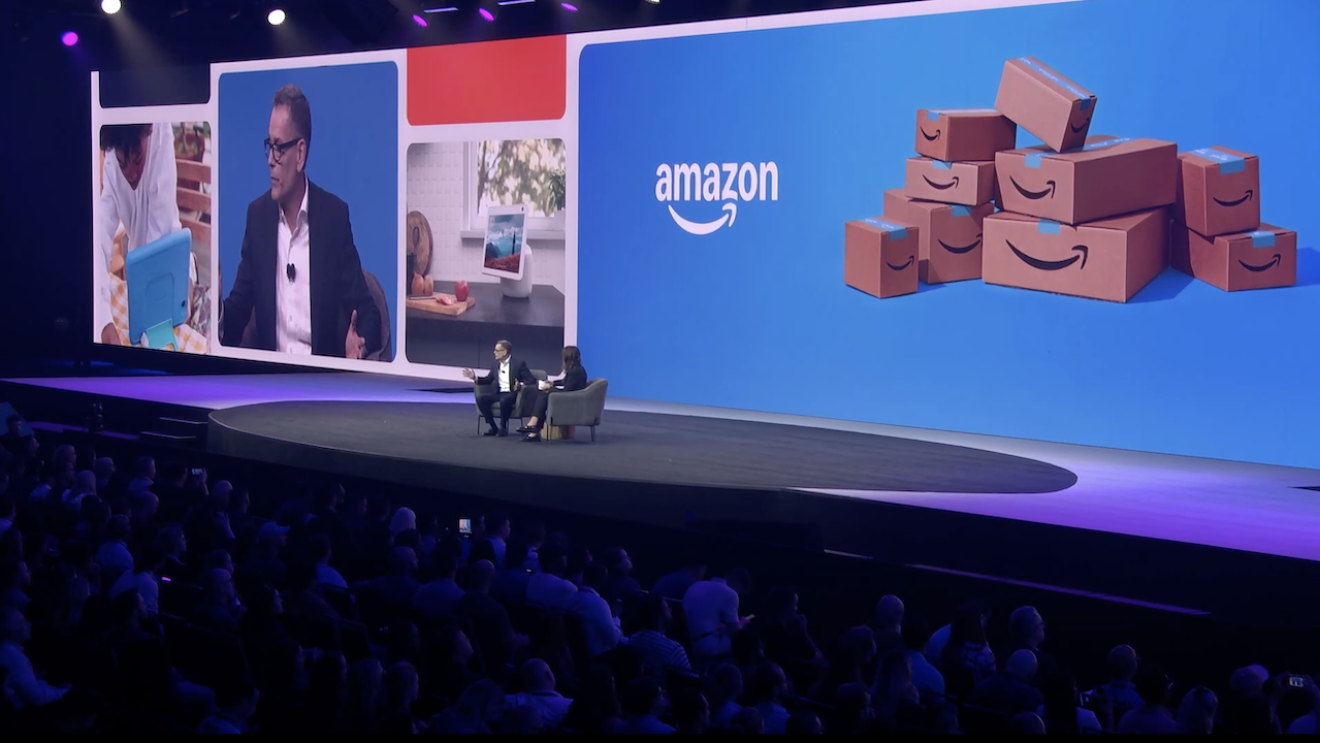 Doug Herrington, CEO of Worldwide Amazon Stores and Mary Beth Westmoreland, vice president, Worldwide Selling Partner Experiences, on stage for a fireside chat at Amazon Accelerate 2024.