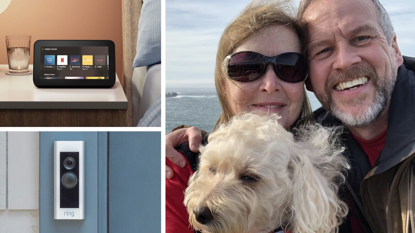 colage显示两个设备在左边,一个底部环和一个回声显示在顶部。正确的图像显示亚马逊客户大卫和辛西娅与摄像机之间的微笑带着他们的狗在后台和海洋。