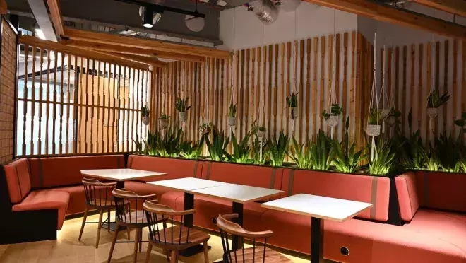 植物と木材が壁に並んでいる部屋。長い赤いソファと3つの机、3つの椅子などが置かれている。