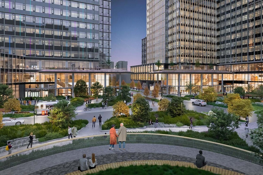 Image renderings showing the Met Park at Amazon's second headquarters in Arlington, Virginia.