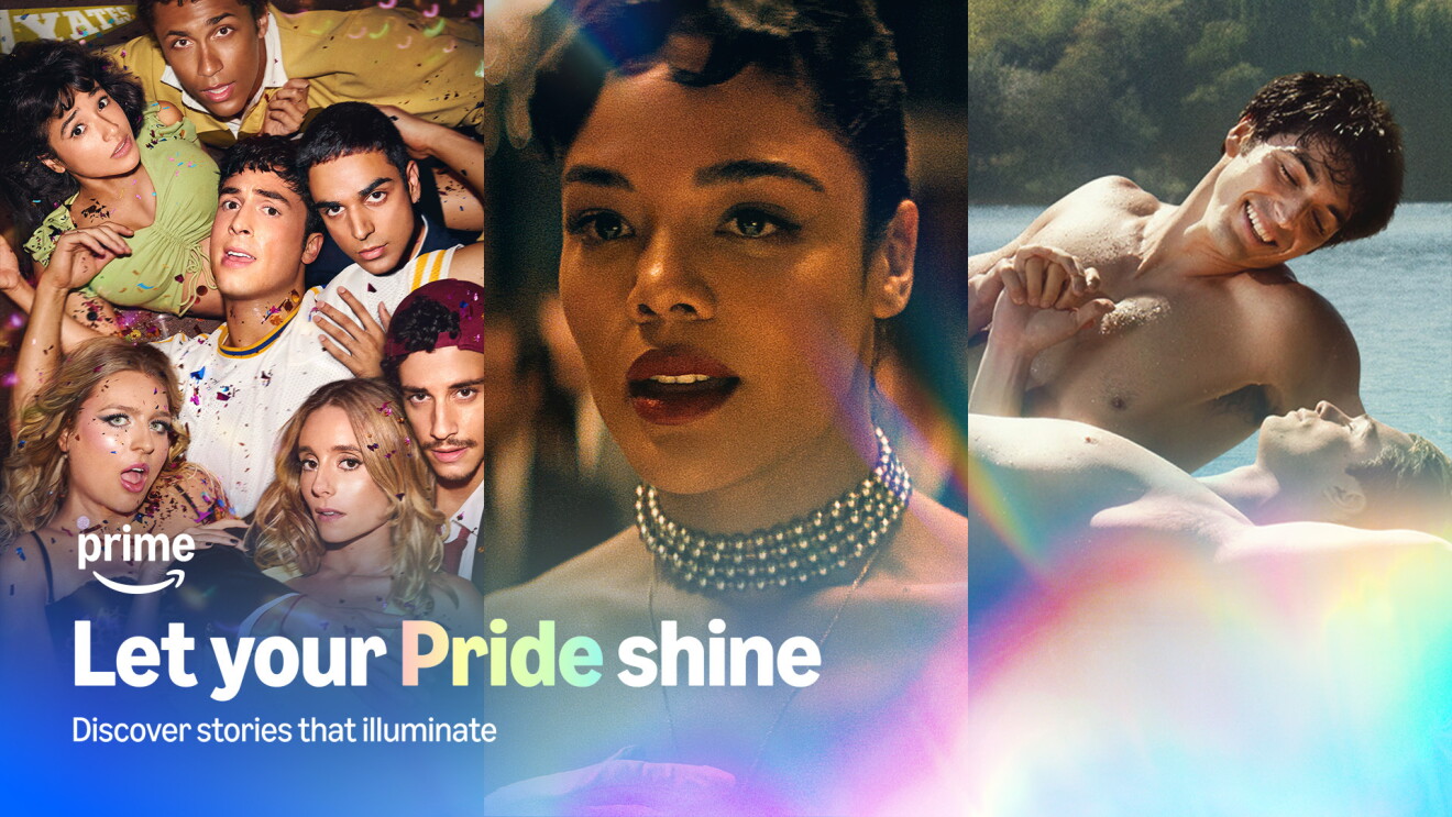 Prime Video Pride Month promotional banner featuring diverse LGBTQ+ individuals with text 'Let your Pride shine' and 'Discover stories that illuminate'
