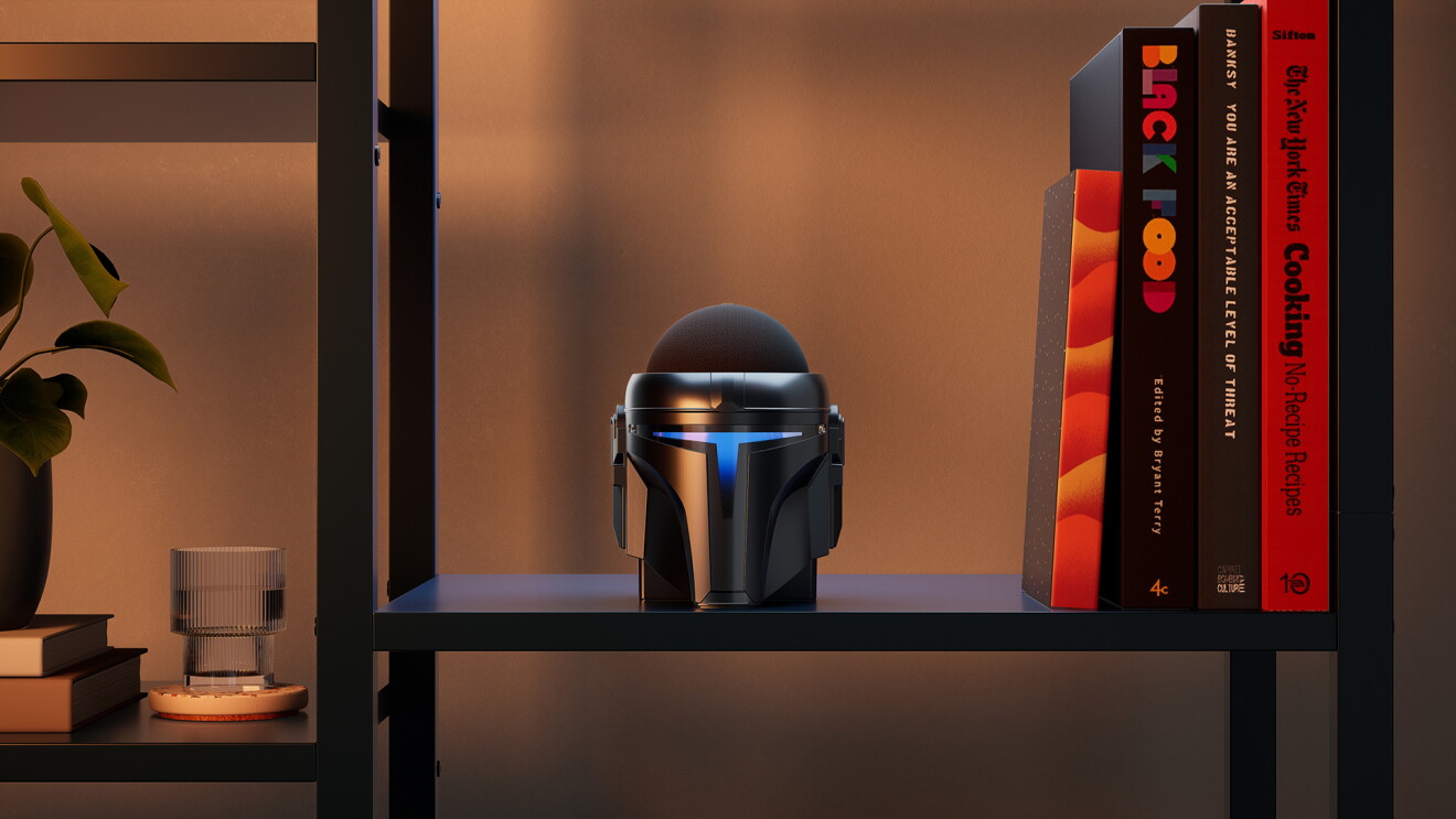 A "Star Wars" themed stand with an Echo Dot. 