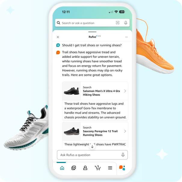 Amazon Rufus provides answers to a customer's questions on what type of running shoes to buy