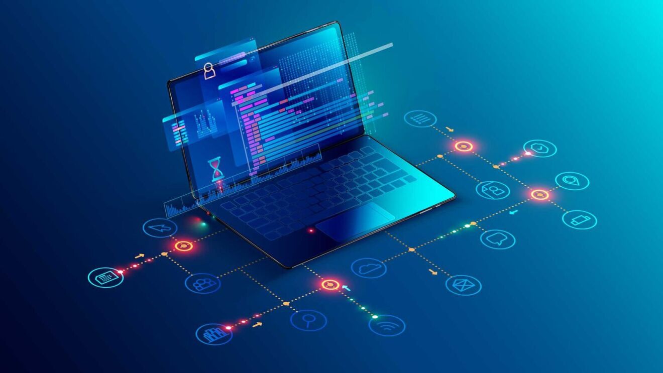 A graphic of a laptop surrounded by grids and icons 