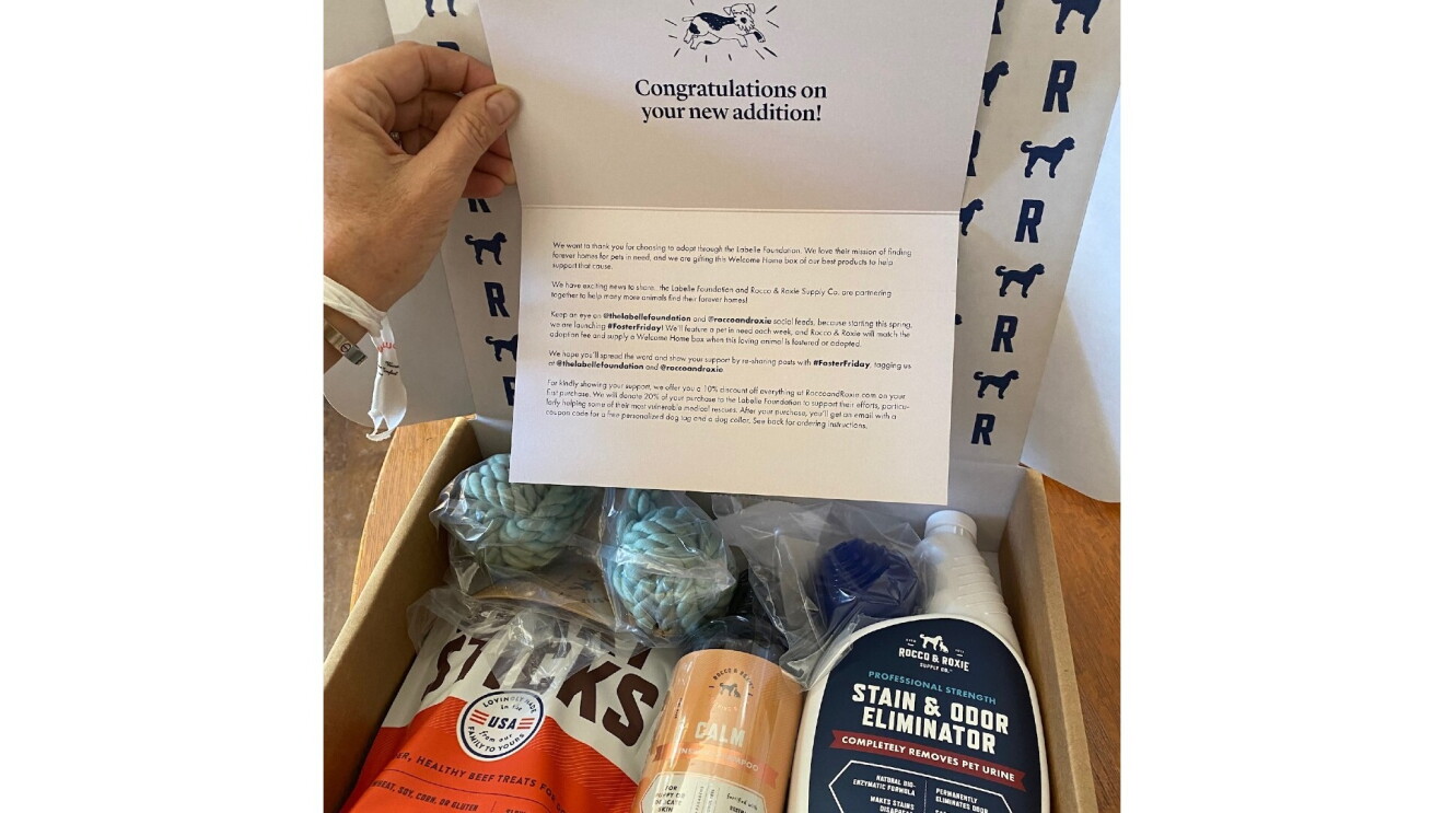 The Rocco & Roxie boxes the new puppy parents received when adopting their dog is filled with jerky sticks, a calming supplement, toys and a stain and odor eliminator. There is also a note that reads at the top, "Congratulations on your new addition!" with a picture of a dog.