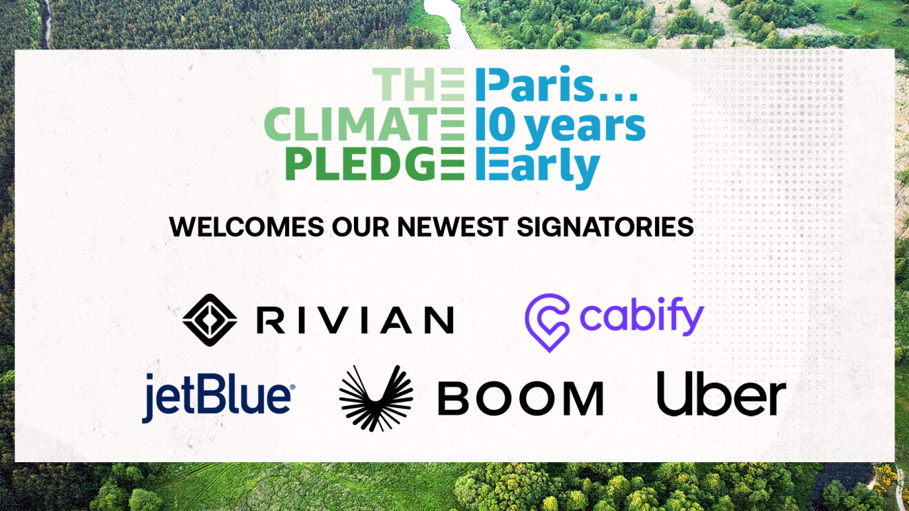 Logo of Climate Pledge Transportation Signatories - Rivian, JetBlue, Cabify, Boom and Uber