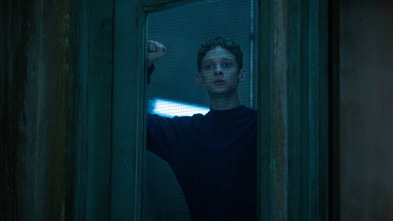 Young man peers through a screen door at night with a blue light glowing behind him