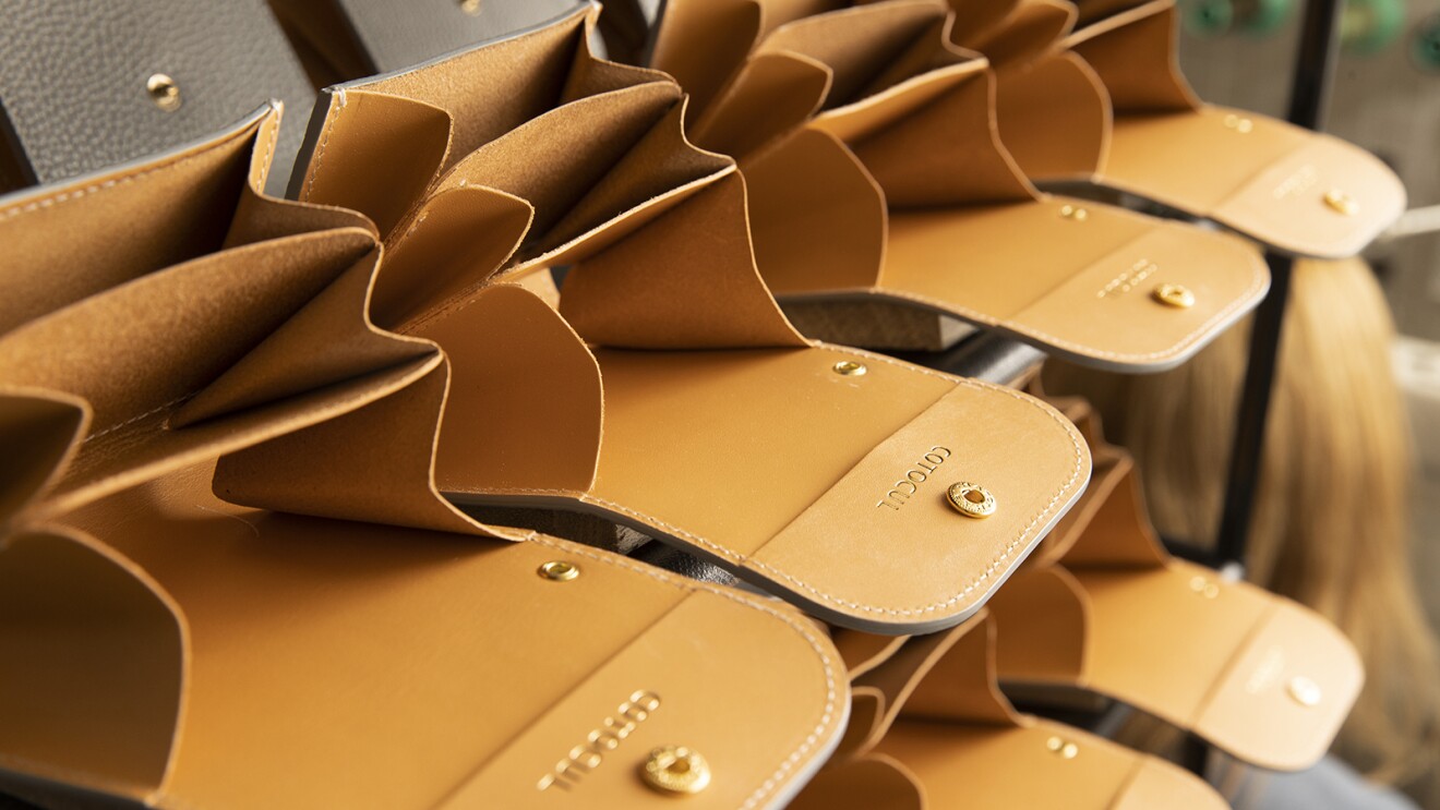 ミニ財布を開いた写真。折り畳みの角がやわらかなカーブを保つ形になっており、紙幣が折れない。