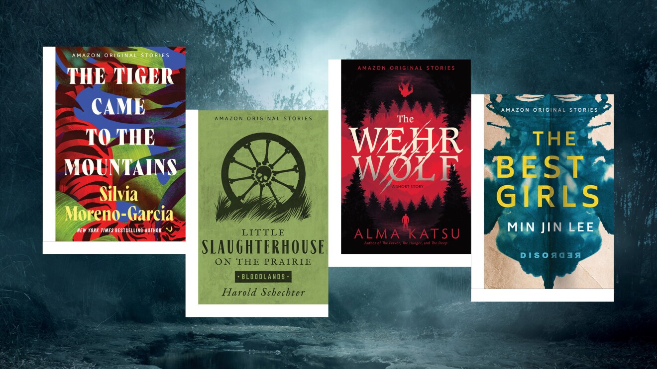 蓝色背景的《狼人》、《老虎进山》、《最好的女孩》、《草原上的小屠宰场》等四本书封面。