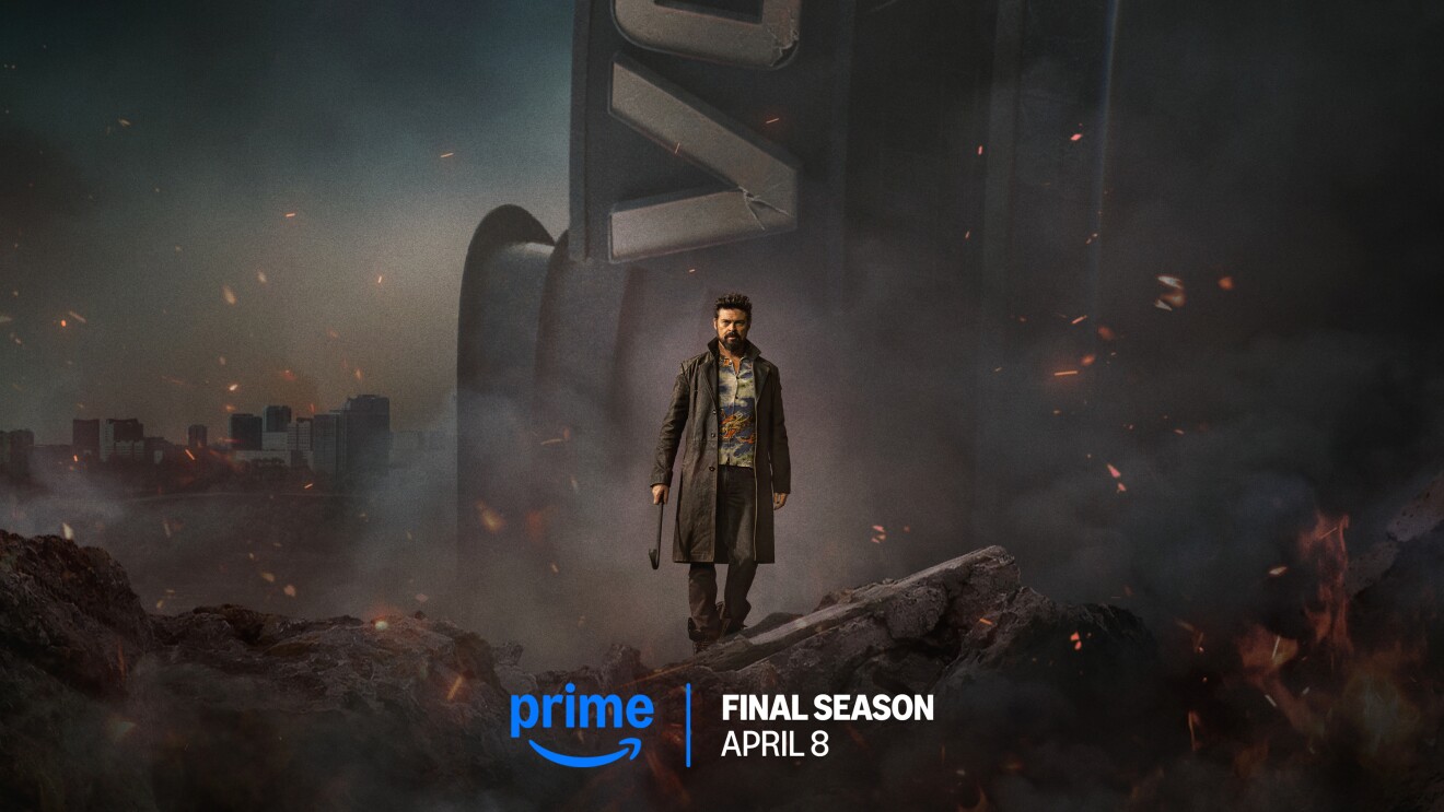Man in long coat stands amidst apocalyptic cityscape, Prime final season poster