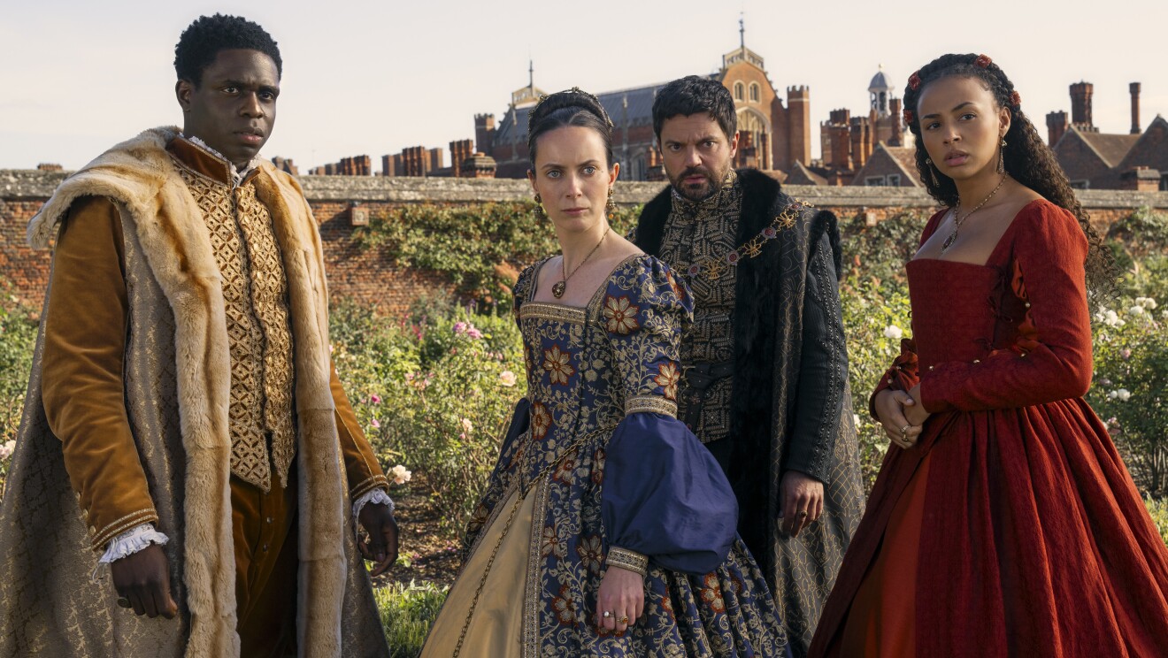 Jordan Peters as King Edward, Kate O'Flynn as Princess Mary, Dominic Cooper as Lord Seymour, Abbie Hern as Bess in 'My Lady Jane' on Prime Video