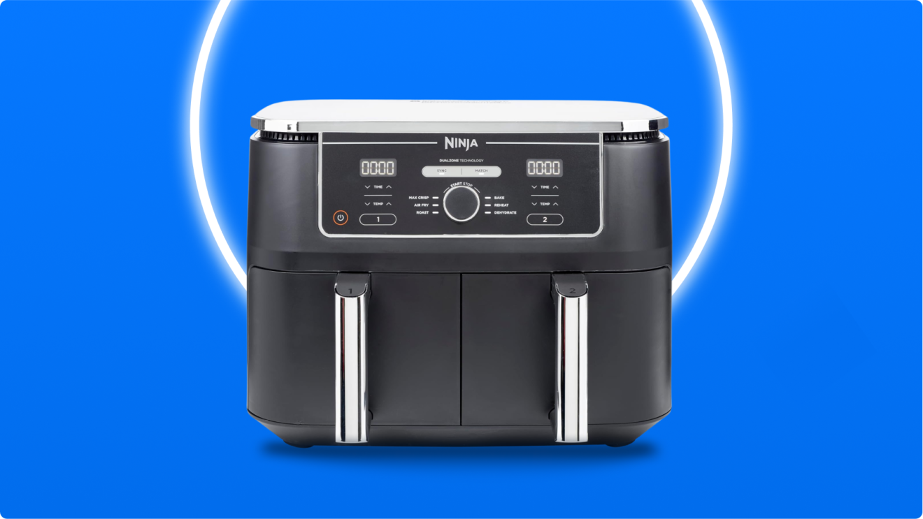 Ninja brand air fryer with digital display on blue background