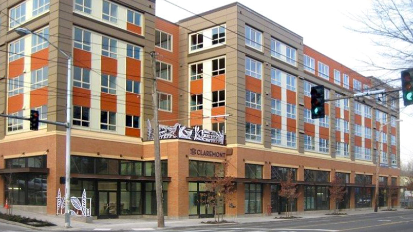 A photo of the Claremont apartment facade in Seattle.