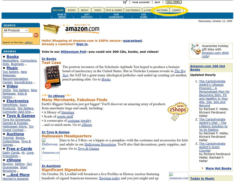 An amazon.com homepage from 1999