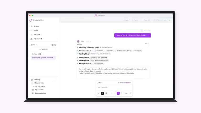 Amazon Quick application interface showing chat conversations and a task list with search and reading file activities