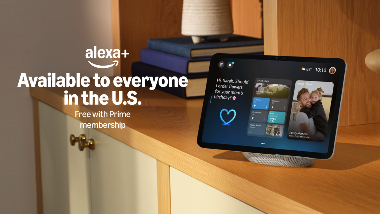 Alexa+ smart display on wooden shelf with books, advertising US availability