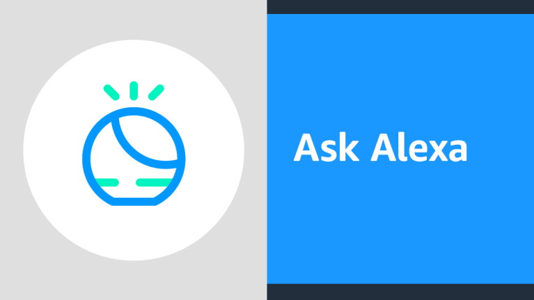 An illustrated image with an Echo device and text that reads "Ask Alexa"
