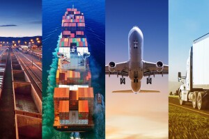 A photo grid that includes freights, a freight ship, an airplane, and a delivery truck.