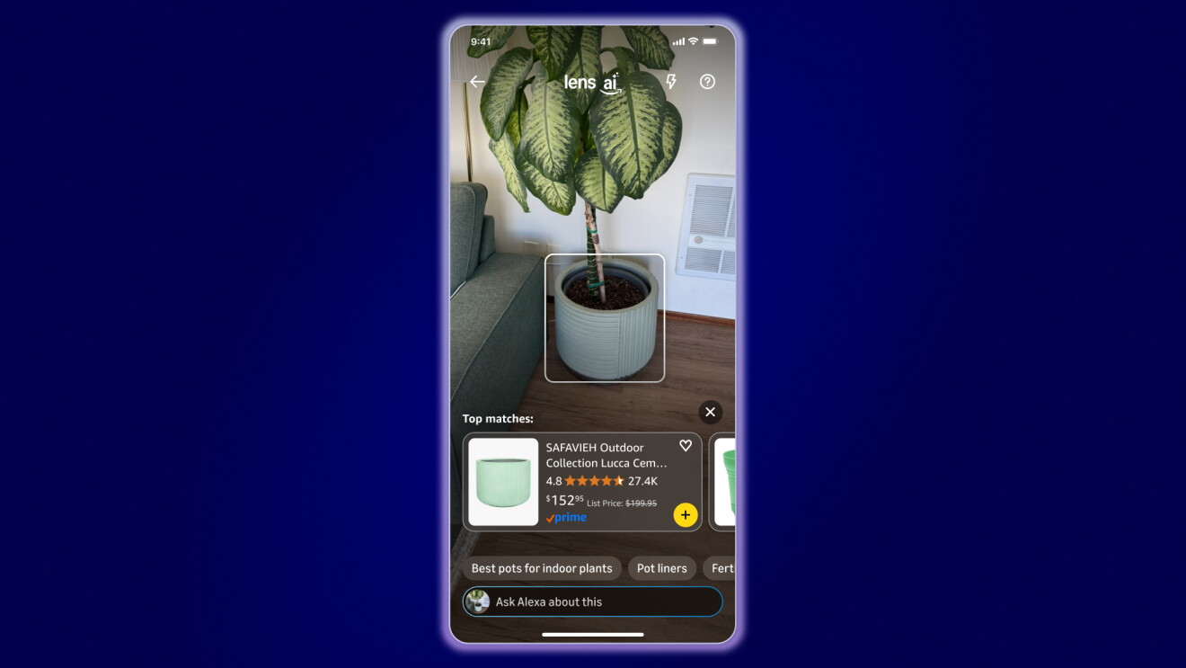 Amazon Lens Live mobile interface showing product matches for a ceramic pot