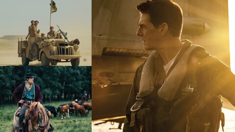 从电影分割图像的图像。一个是汤姆·克鲁斯在飞行员的齿轮远方一个场景从壮志凌云:特立独行的。另一个是一个军事吉普车开在一个沙地景观与几个士兵骑,国旗飞行从顶部。另一个是一个牛仔骑马通过绿色区域和身后的一群牛。