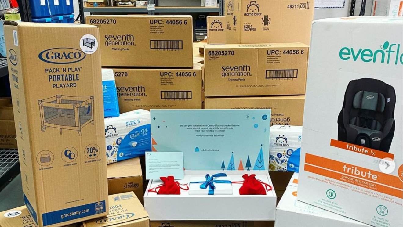 An image of donations Amazon made to on of the charitable organizations selected for its Delivering Smiles program this year.