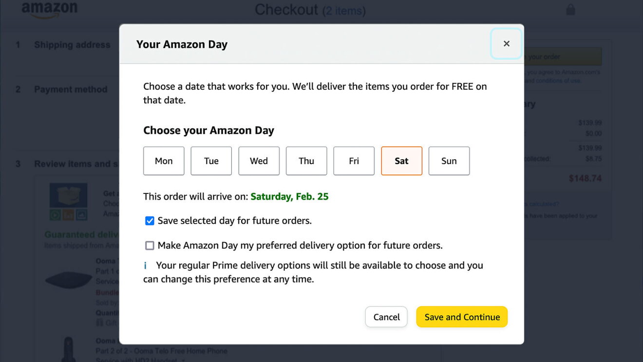 A screenshot of the pop-up that lets Prime members choose their Amazon Day delivery date.