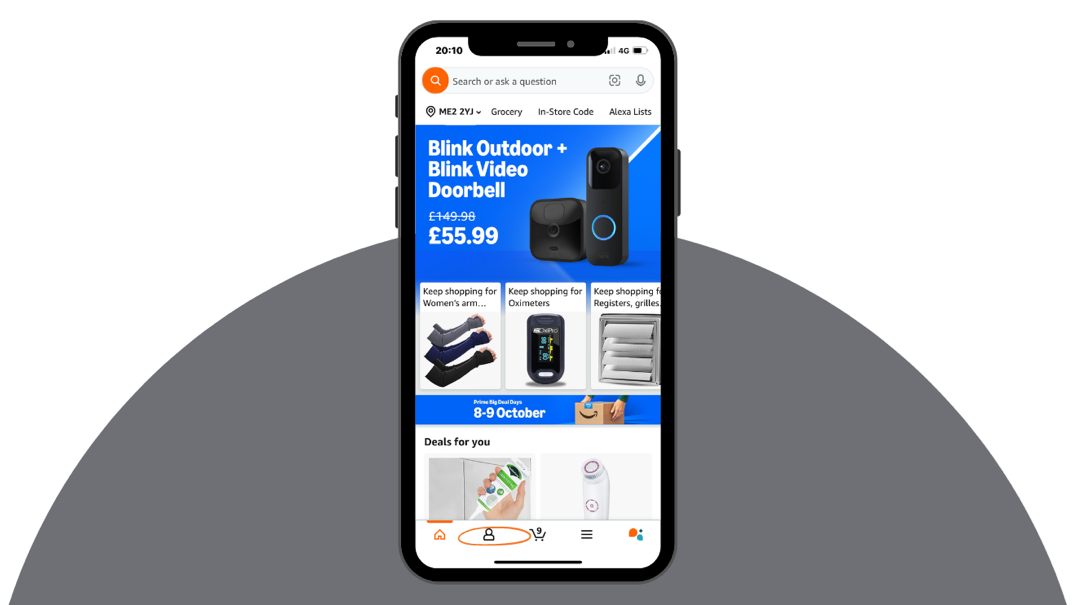 Screen showing the profile icon on the Amazon retail site on mobile