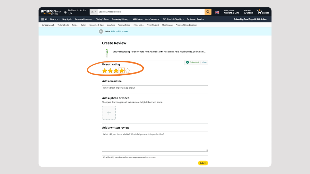 Screen showing how to leave a rating on desktop