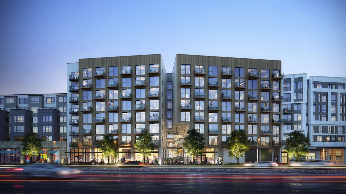 A rendering of an apartment building.