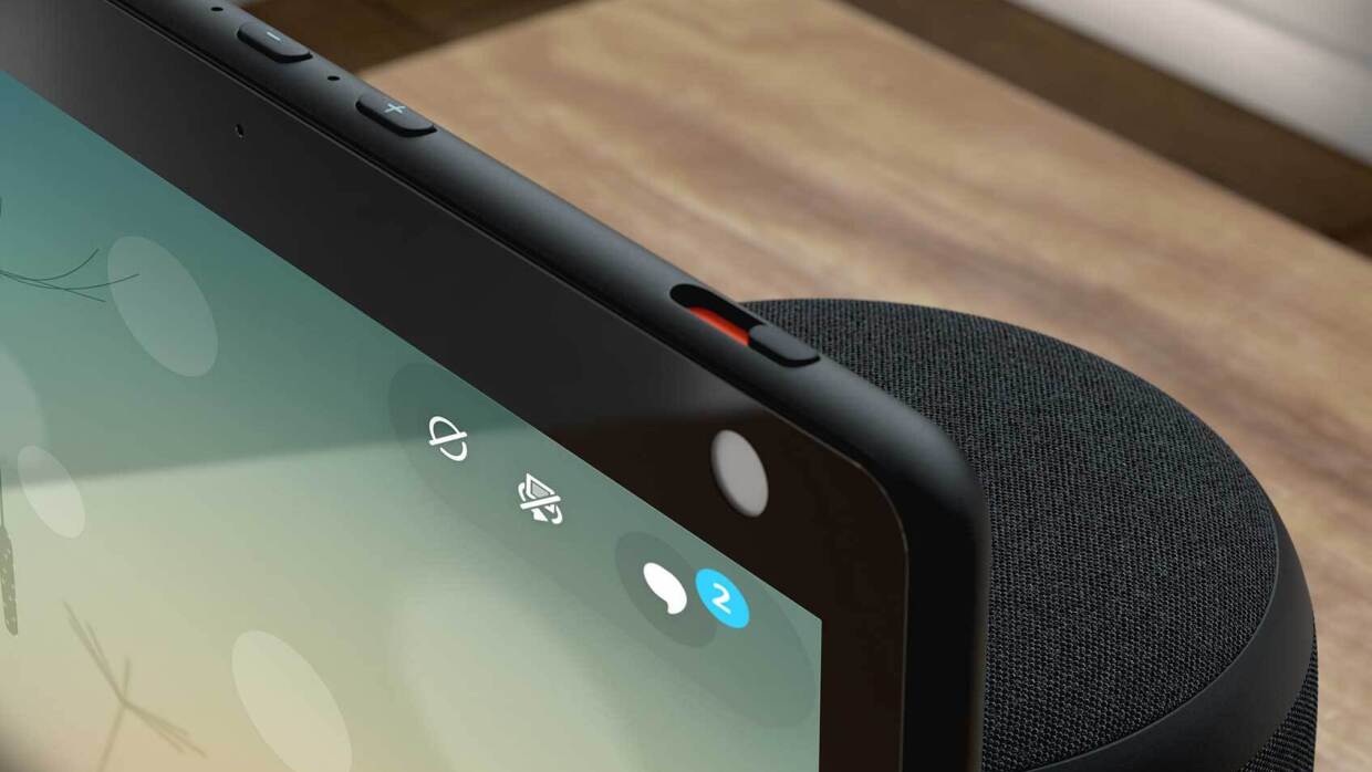 A close up of an Alexa device with a screen (Echo Show)