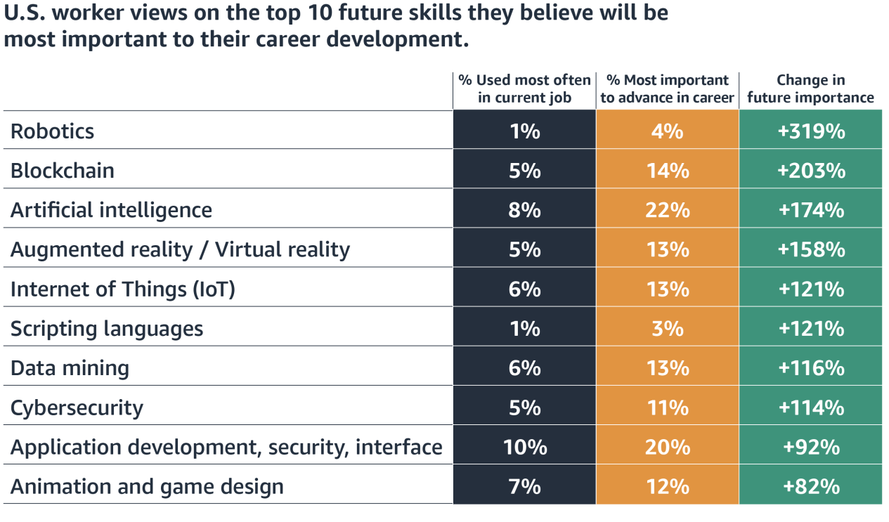  A table that shows U.S. worker views on the top 10 future skills they believe will be most important to their career development (Source: Gallup and AWS).