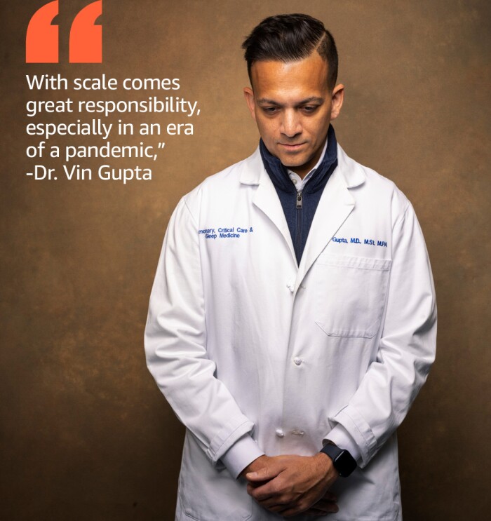 An image of Dr. Vin Gupta, a physician who supports Amazon's broader health efforts and appears on CBS news. 