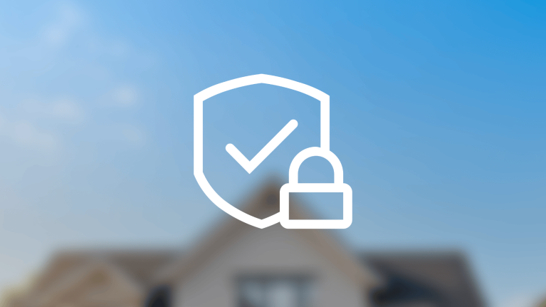 An illustration of a shield with a checkmark on its front and a padlock, overlaying a photo of a house.