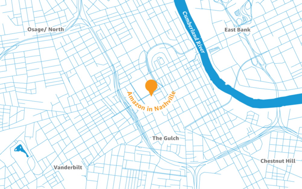 Map of the Nashville area with a pin placed to illustrate the location of a new Amazon Operations Center of Excellence.