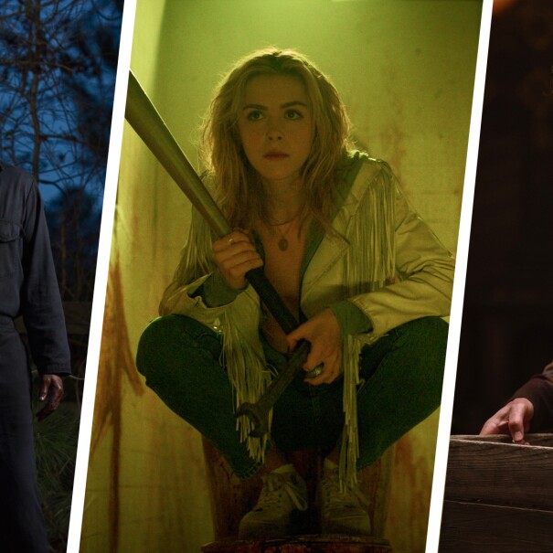 Three film stills: masked figure in dark woods, woman with bat in yellow light, older man with wooden crate