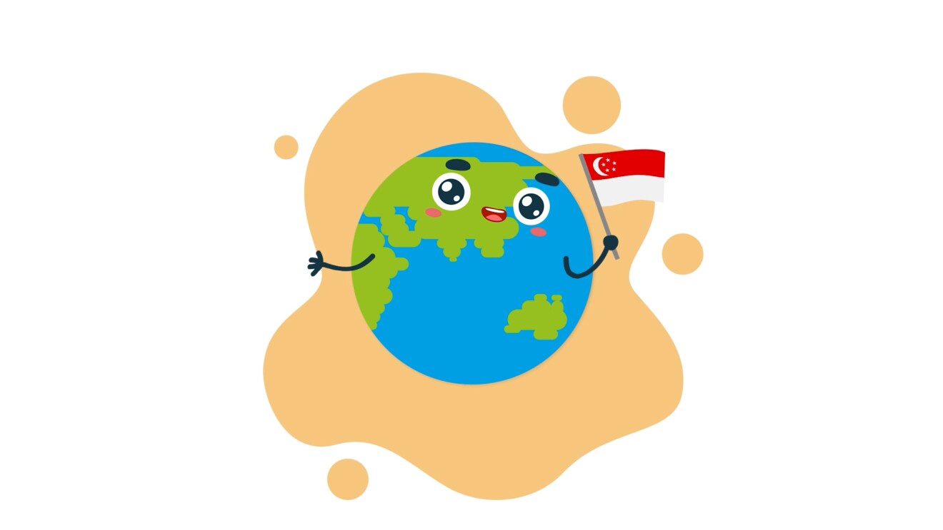 Animated globe with a smiling face holding a map of Singapore