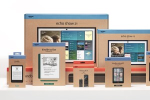 Lineup of Amazon product boxes showcasing Echo, Kindle, and Fire TV devices