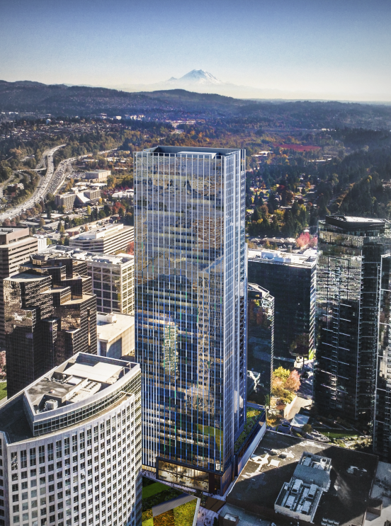 Rendering of new building in Bellevue, WA, which Amazon has rented to expand employee workspaces.