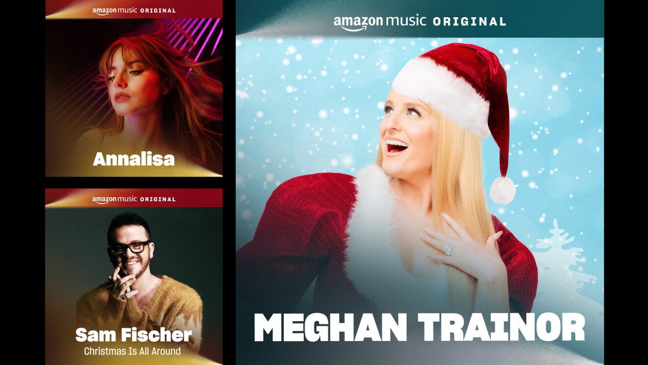 An image with black background. In front of the background are several album covers, including a holiday cover for Meghan Trainor, Sam Fischer, and Analeise. 