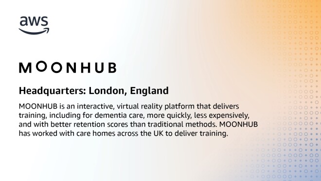 MOONHUB的信息图表,州,“MOONHUB是一个互动,虚拟现实平台,提供培训,包括老年痴呆症保健,更迅速,更实惠的价格,和比传统方法更好的保留成绩。MOONHUB曾与照顾家庭在英国提供训练。”